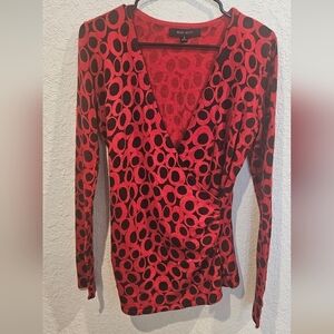 Nine West Red & Black Wrap Blouse Long Sleeve Small